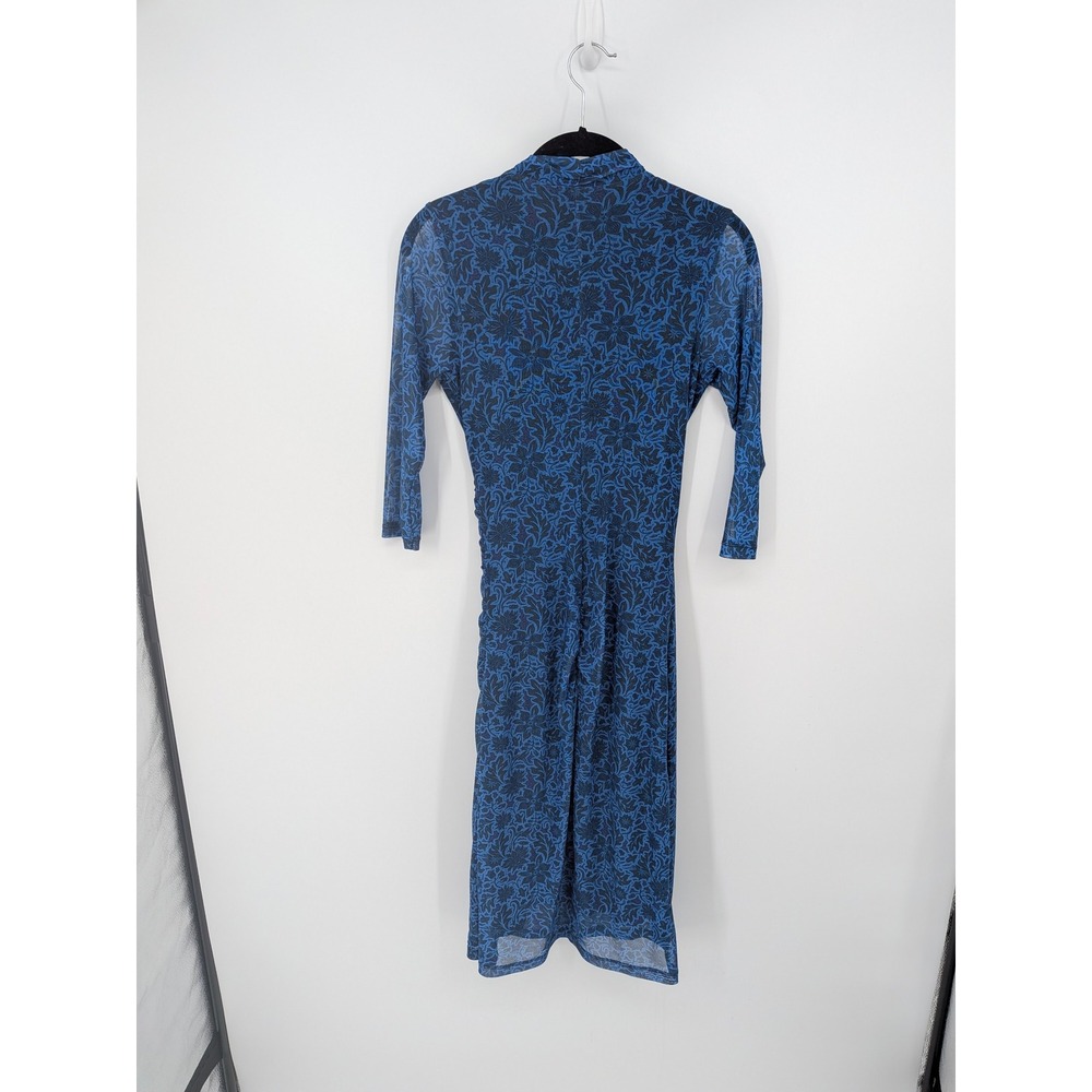 Betabrand Faux Wrap Midi Dress Women Medium Blue Floral Mesh Ruched 3/4 Sleeve - Picture 4 of 7